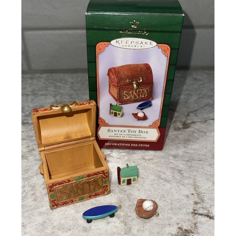 Vintage Hallmark Keepsake 2001 Santa's Toy Box w/ 3 miniature toy Ornaments